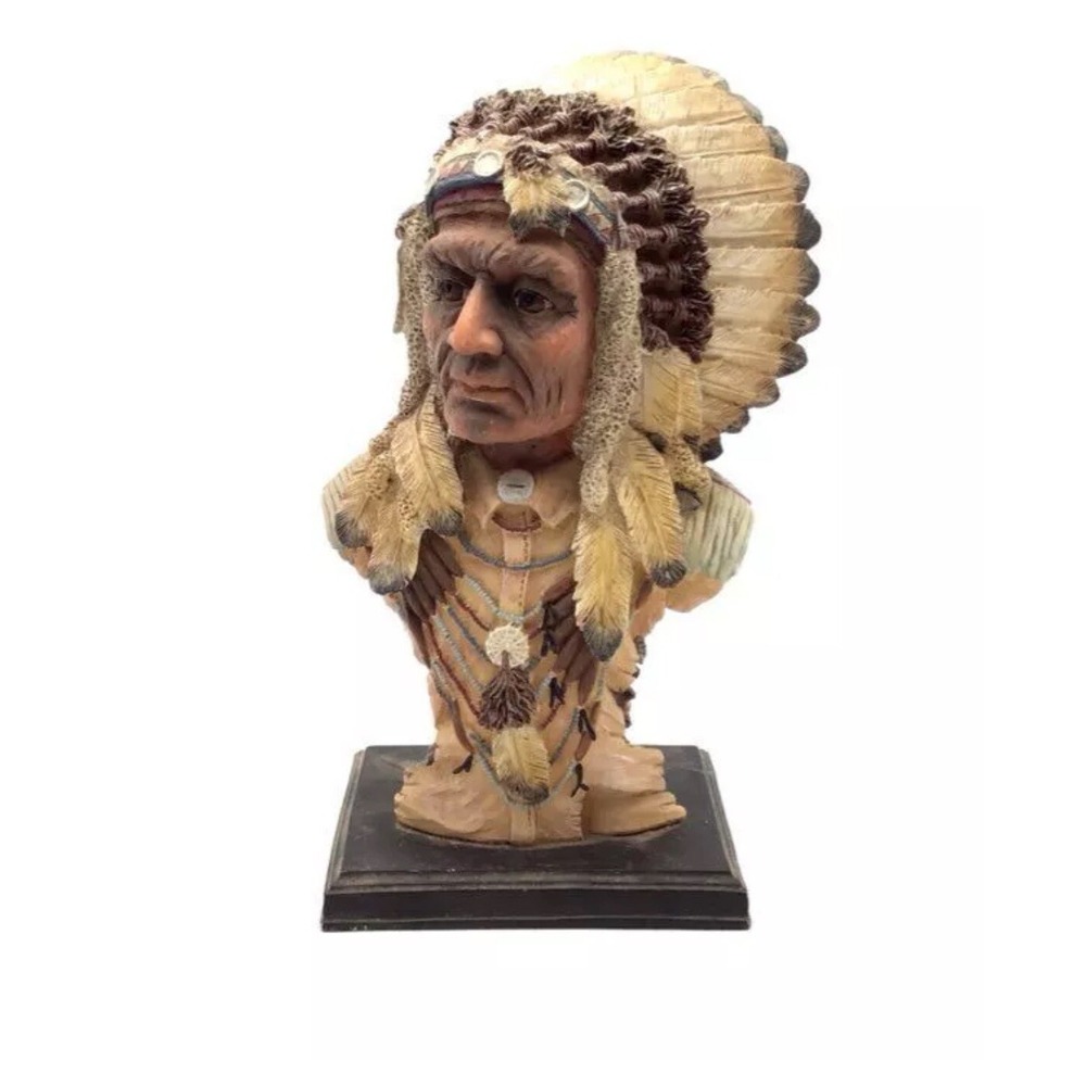 Native American Chief Bust Multicolor Freestanding Tribal Statue Decor